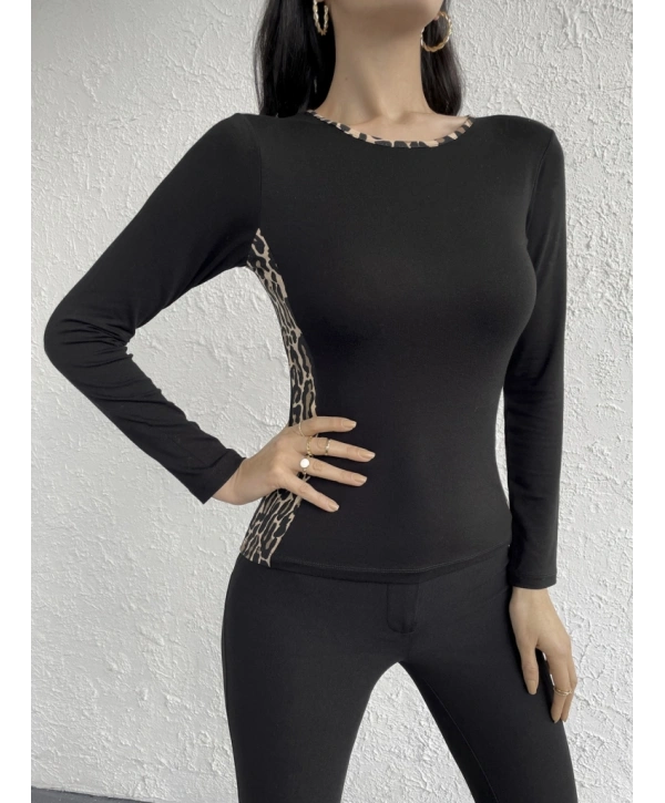 Kadın Uzun Kollu Leopar şeritli Viskon Bluz