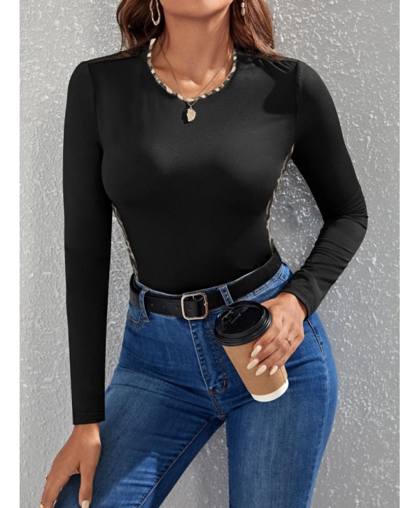 Kadın Uzun Kollu Leopar şeritli Viskon Bluz