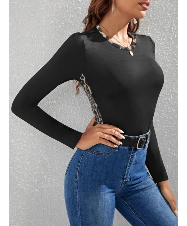 Kadın Uzun Kollu Leopar şeritli Viskon Bluz