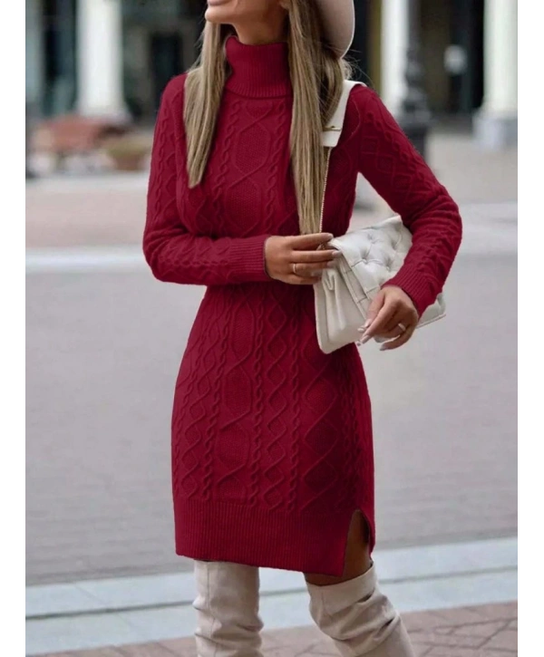 Kadın Uzun Kollu Loren Yünlü Motifli Midi Boy Triko Elbise