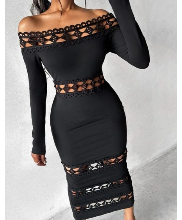 Kadın Uzun Kollu Madonna Dantel Yaka Yırtmaçlı Midi Dalgıç Elbise