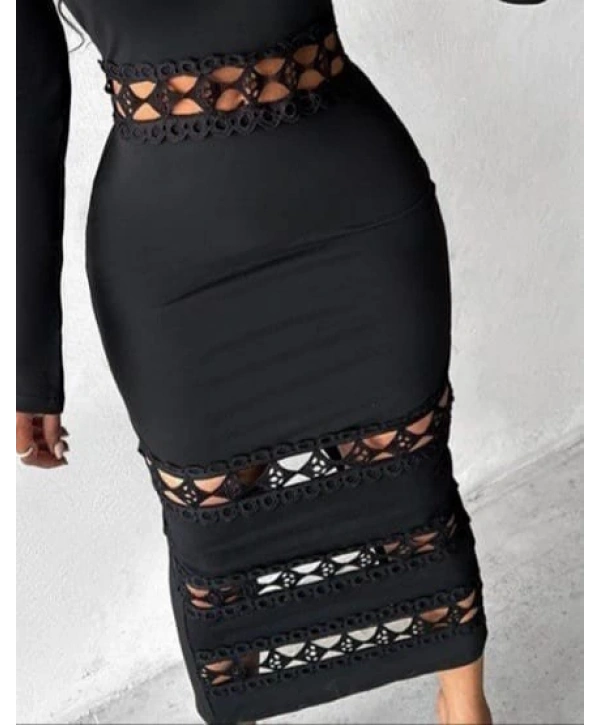 Kadın Uzun Kollu Madonna Dantel Yaka Yırtmaçlı Midi Dalgıç Elbise