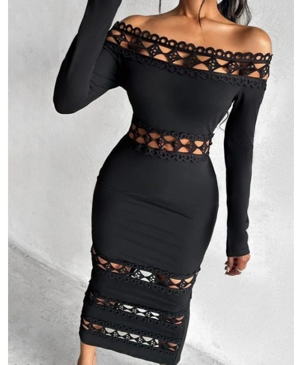 Kadın Uzun Kollu Madonna Dantel Yaka Yırtmaçlı Midi Dalgıç Elbise