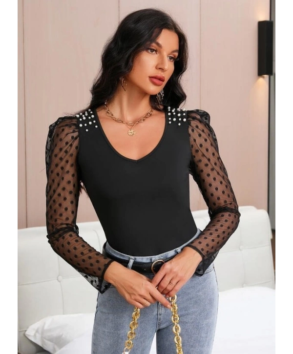 Kadın Uzun Kollu Omuz Inci Kollar Tül Detay Viskon Bluz