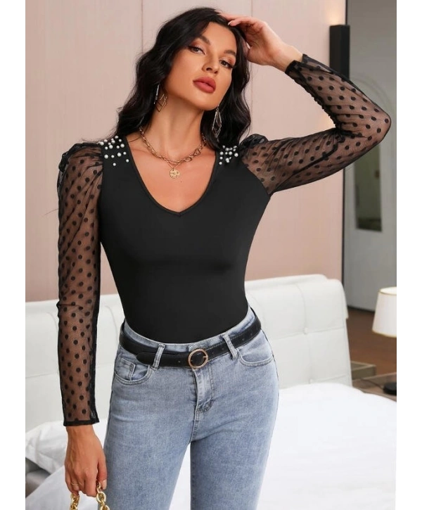 Kadın Uzun Kollu Omuz Inci Kollar Tül Detay Viskon Bluz