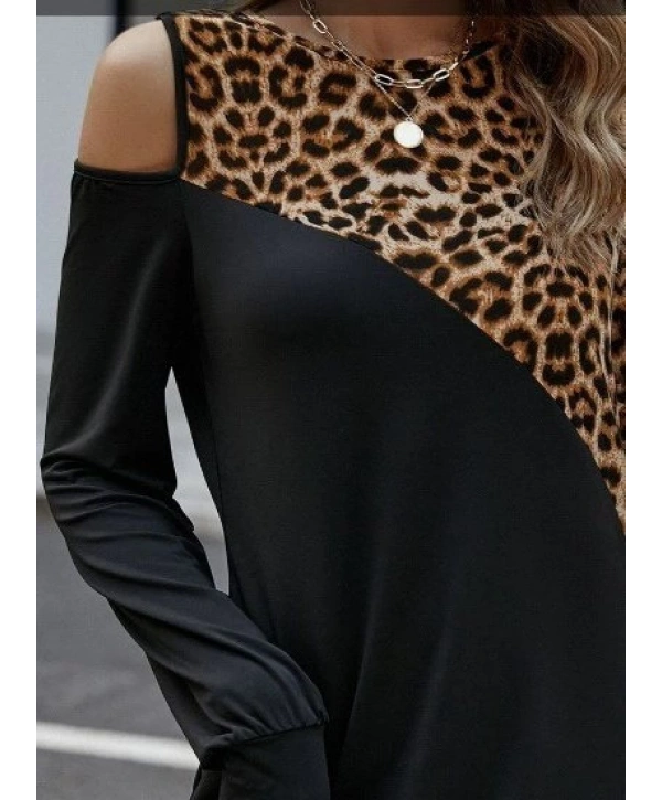 Kadın Uzun Kollu Omuzdan Açık Leopar Desenli Viskon Iki Iplik Mini Elbise