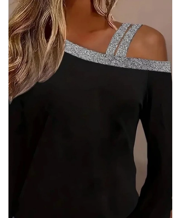 Kadın Uzun Kollu Omuzdan Askılı Sim Detaylı Viskon Iki Iplik Bluz