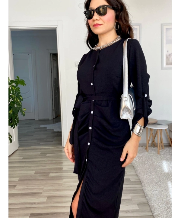 Kadın Uzun Kollu önden Düğmeli Beli Kuşaklı Aerobin Midi Elbise