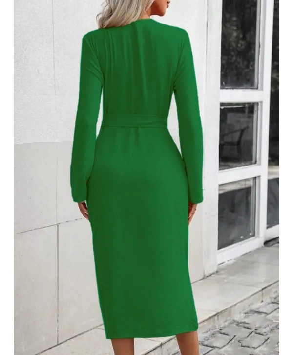 Kadın Uzun Kollu önden Düğmeli Beli Kuşaklı Aerobin Midi Elbise