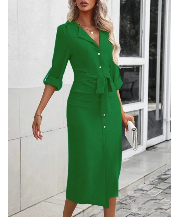 Kadın Uzun Kollu önden Düğmeli Beli Kuşaklı Aerobin Midi Elbise