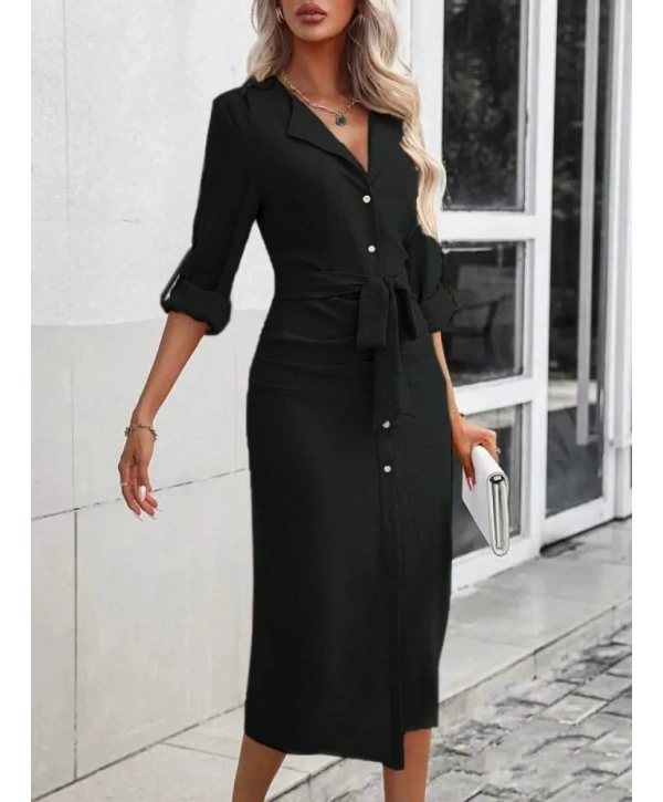 Kadın Uzun Kollu önden Düğmeli Beli Kuşaklı Aerobin Midi Elbise