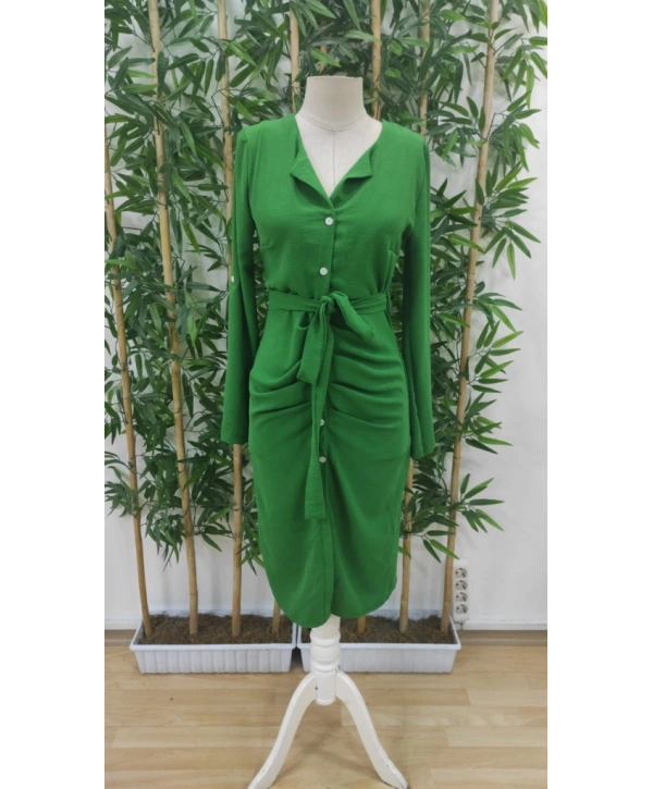 Kadın Uzun Kollu önden Düğmeli Beli Kuşaklı Aerobin Midi Elbise