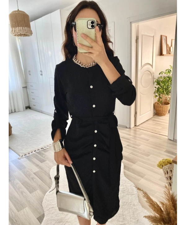 Kadın Uzun Kollu önden Düğmeli Beli Kuşaklı Aerobin Midi Elbise