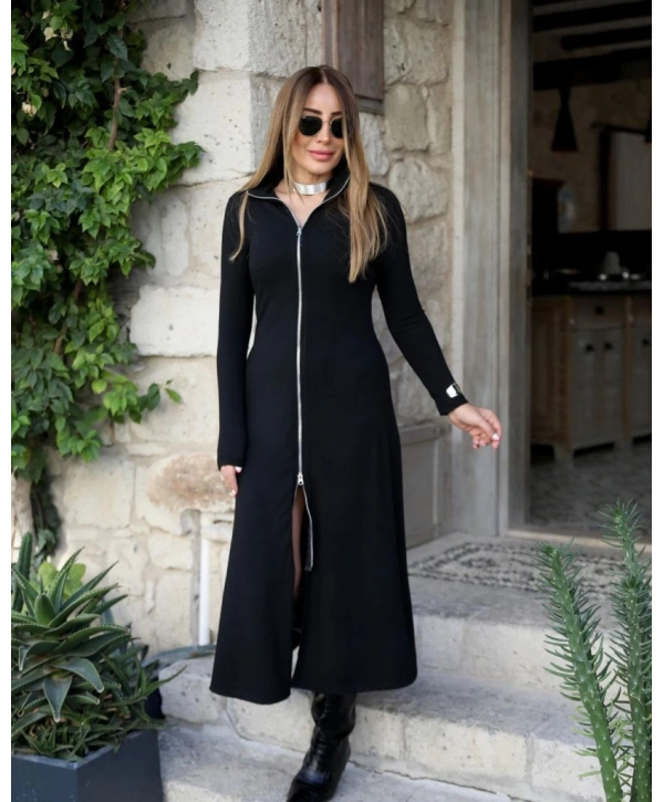 Kadın Uzun Kollu önden Fermuarlı Maxi Viskon Iki Iplik Elbise