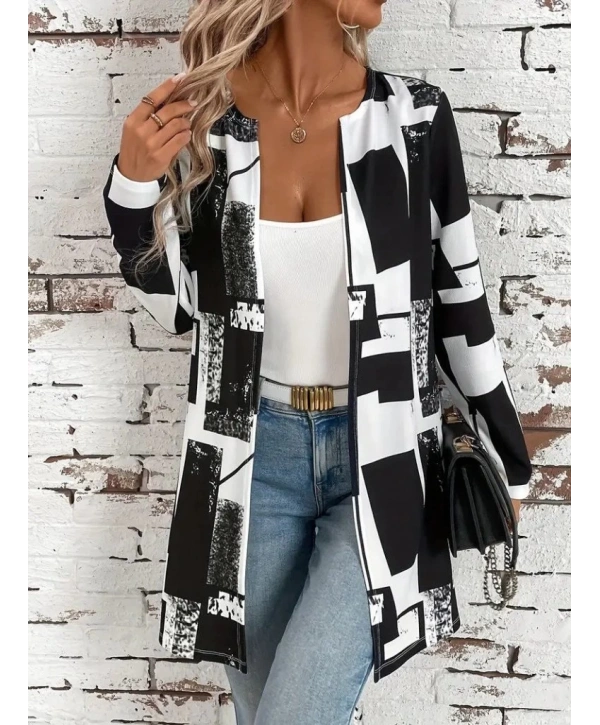 Kadın Uzun Kollu önü Açık Desenli Modal Kısa Ceket