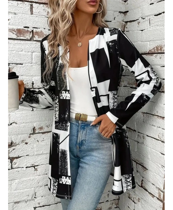 Kadın Uzun Kollu önü Açık Desenli Modal Kısa Ceket