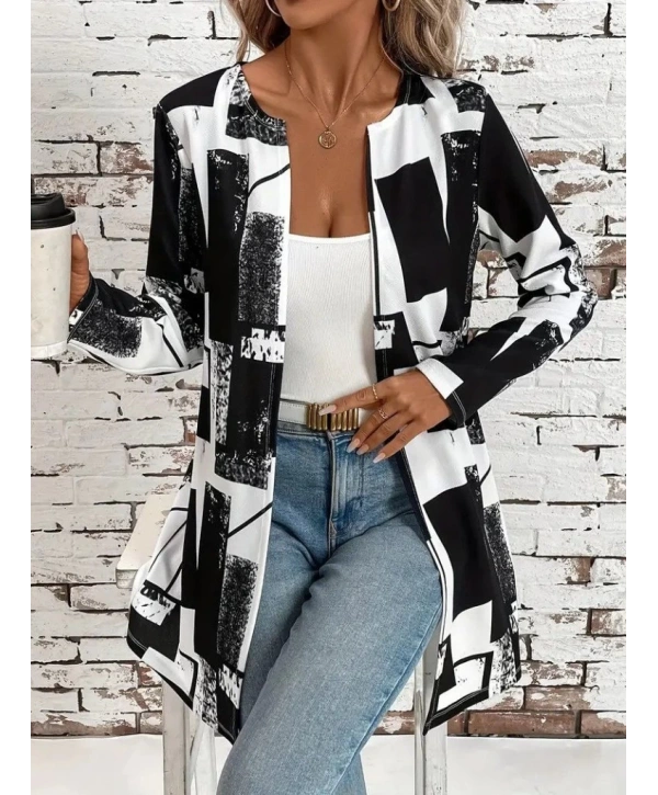 Kadın Uzun Kollu önü Açık Desenli Modal Kısa Ceket