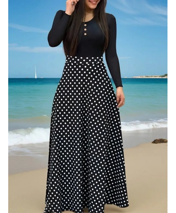 Kadın Uzun Kollu önü Düğmeli Viskon Bluz Eteği örme Maxi Krep Elbise