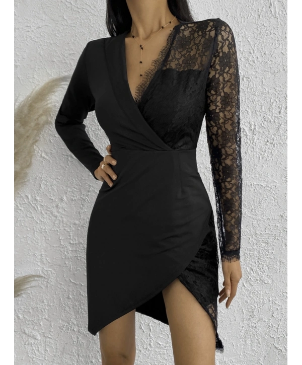 Kadın Uzun Kollu Tek Kolu Dantel Detay V Yakalı Yırtmaçlı Dalgıç Elbise