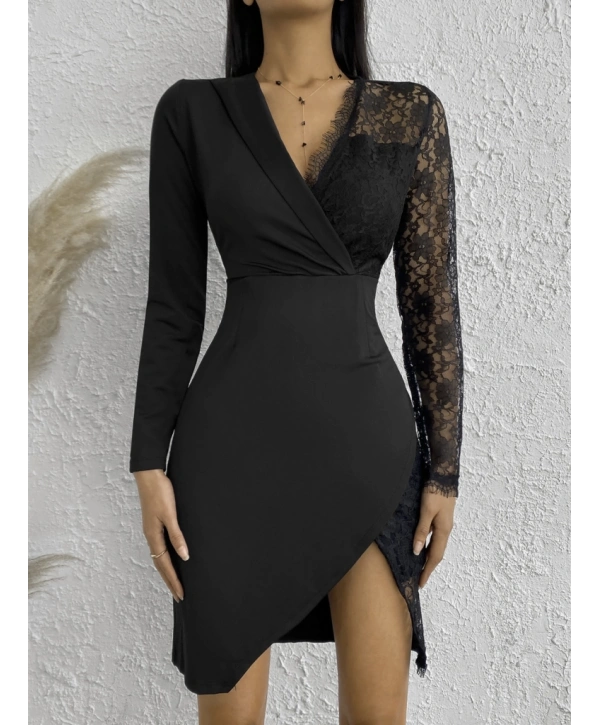 Kadın Uzun Kollu Tek Kolu Dantel Detay V Yakalı Yırtmaçlı Dalgıç Elbise