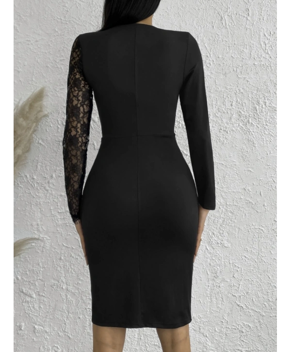 Kadın Uzun Kollu Tek Kolu Dantel Detay V Yakalı Yırtmaçlı Dalgıç Elbise