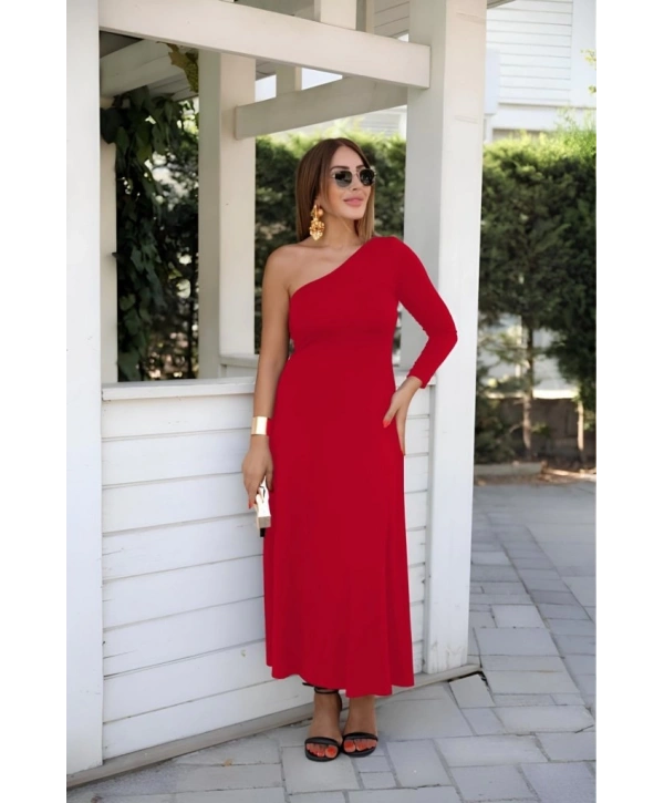 Kadın Uzun Kollu Tek Omuz Detay Krep Elbise