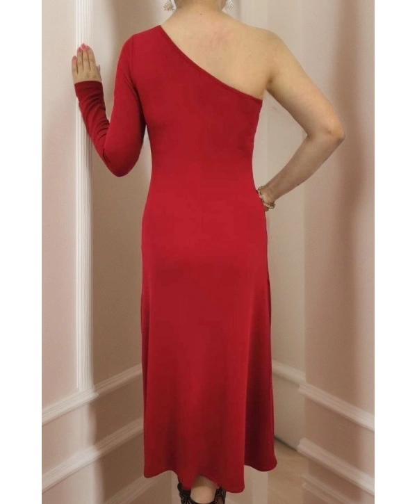 Kadın Uzun Kollu Tek Omuz Detay Krep Elbise