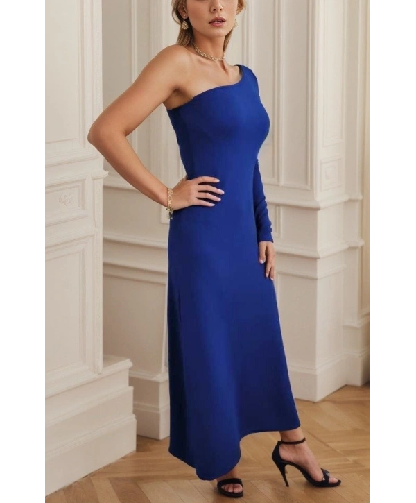 Kadın Uzun Kollu Tek Omuz Detay Krep Elbise