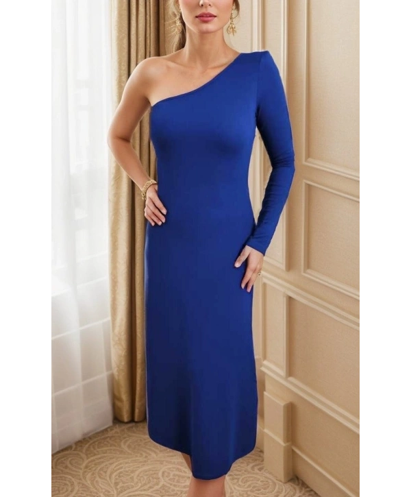 Kadın Uzun Kollu Tek Omuz Detay Krep Elbise