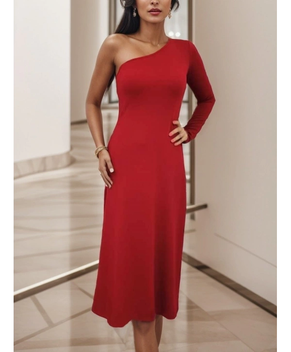 Kadın Uzun Kollu Tek Omuz Detay Krep Elbise