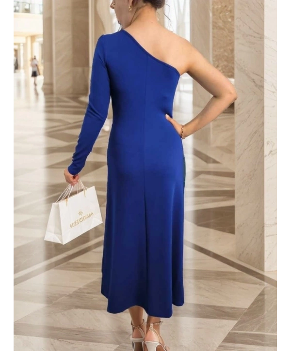 Kadın Uzun Kollu Tek Omuz Detay Krep Elbise