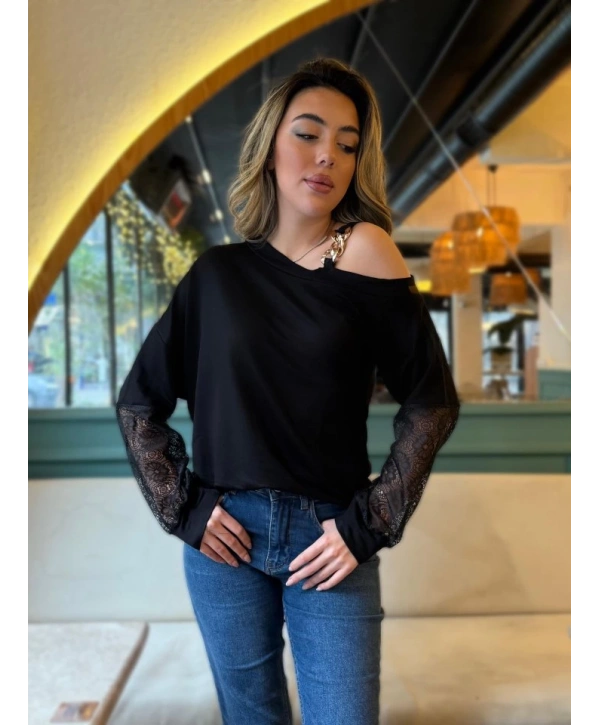 Kadın Uzun Kollu Tek Omuzu Açık Askılı Toka Ve Dantel Detay Viskon Iki Iplik Bluz