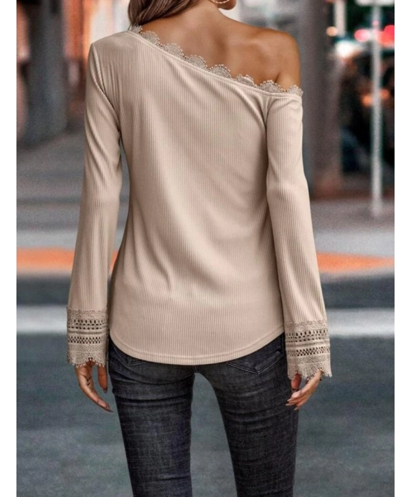 Kadın Uzun Kollu Tek Omuzu Açık Dantelli Burgu Bluz