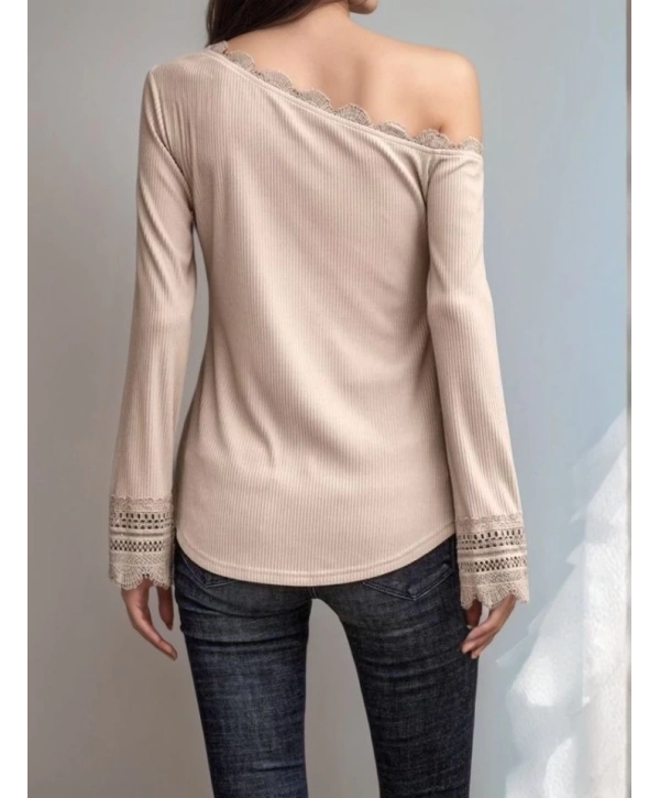 Kadın Uzun Kollu Tek Omuzu Açık Dantelli Burgu Bluz