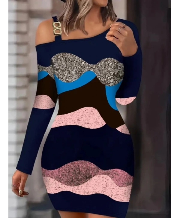 Kadın Uzun Kollu Tek Omuzu Askı Toka Detaylı Kısa Dalgıç Elbise