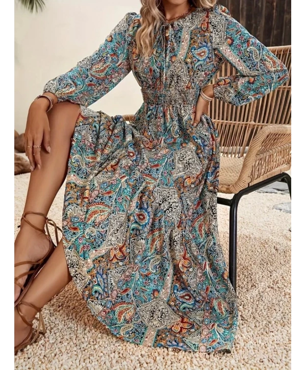 Kadın Uzun Kollu Uakadabağcıklı Beli Lastikli Desenli Uzun Süprem Elbise