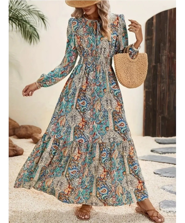 Kadın Uzun Kollu Uakadabağcıklı Beli Lastikli Desenli Uzun Süprem Elbise