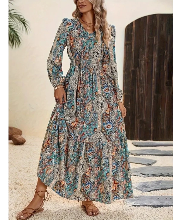 Kadın Uzun Kollu Uakadabağcıklı Beli Lastikli Desenli Uzun Süprem Elbise