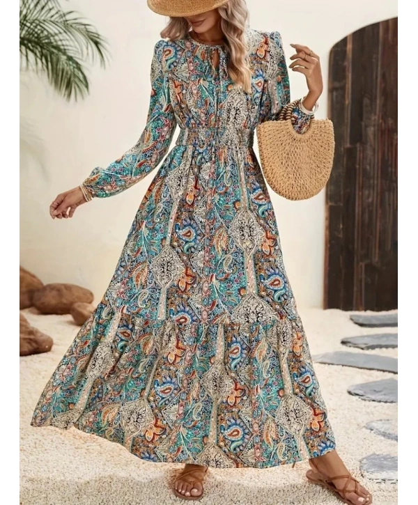 Kadın Uzun Kollu Uakadabağcıklı Beli Lastikli Desenli Uzun Süprem Elbise