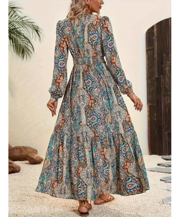 Kadın Uzun Kollu Uakadabağcıklı Beli Lastikli Desenli Uzun Süprem Elbise