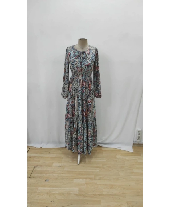 Kadın Uzun Kollu Uakadabağcıklı Beli Lastikli Desenli Uzun Süprem Elbise