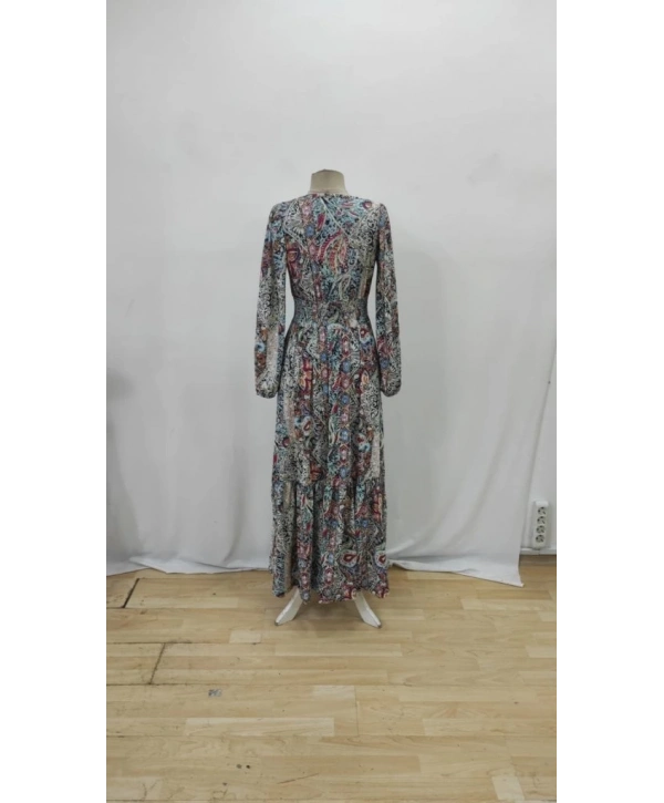 Kadın Uzun Kollu Uakadabağcıklı Beli Lastikli Desenli Uzun Süprem Elbise