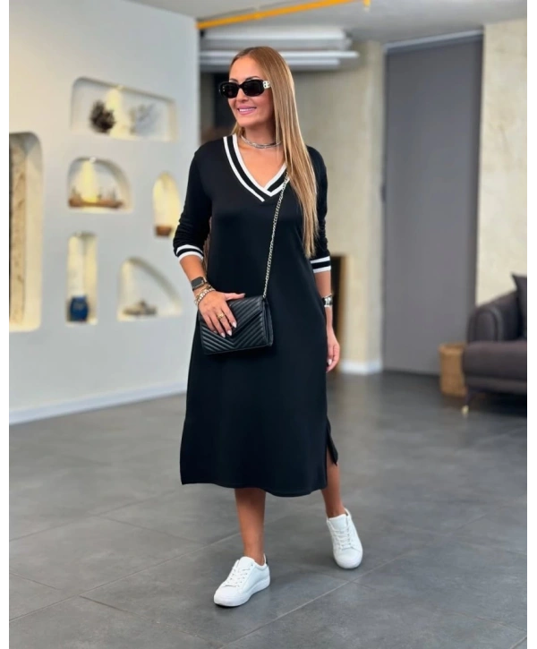 Kadın Uzun Kollu V Ribana Yakalı Yanlardan Yırtmaçlı Midi Viskon Iki Iplik Elbise