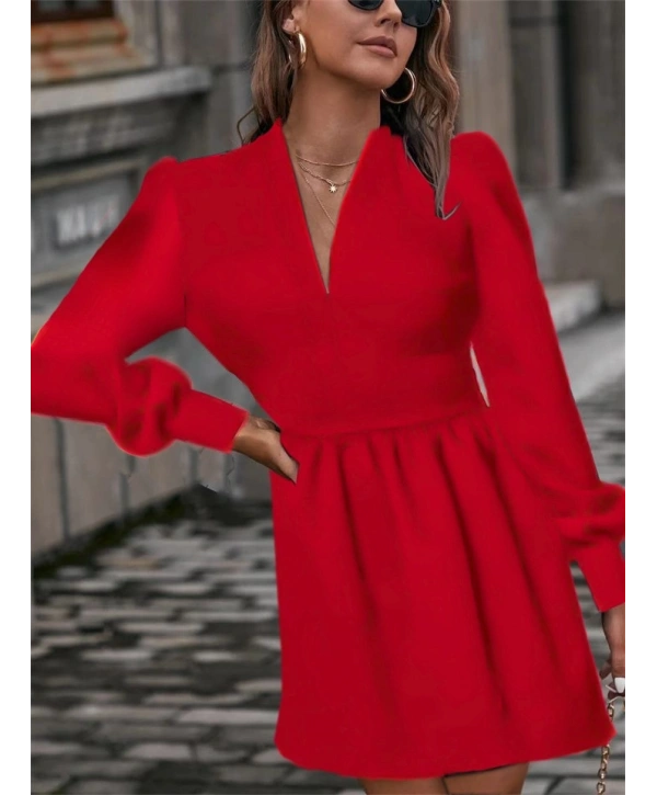 Kadın Uzun Kollu V Yaka Belden Hafif Pileli Scuba Krep Mini Boy Elbise