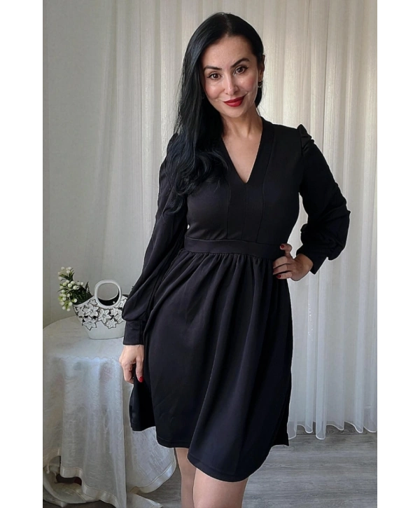 Kadın Uzun Kollu V Yaka Belden Hafif Pileli Scuba Krep Mini Boy Elbise