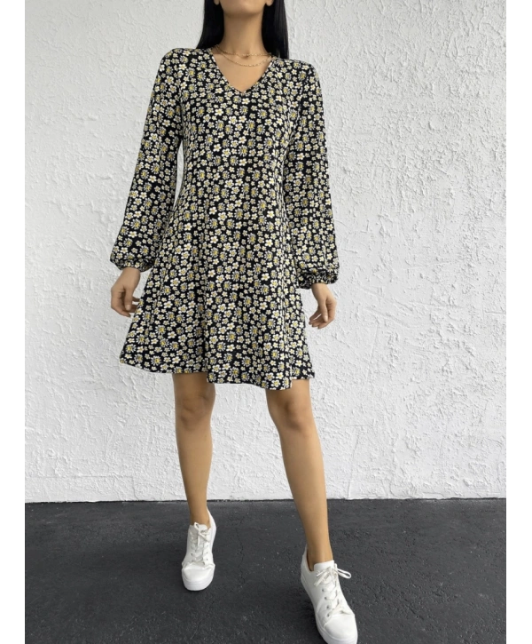 Kadın Uzun Kollu V Yaka çiçek Desenli Helen Kumaş Elbise