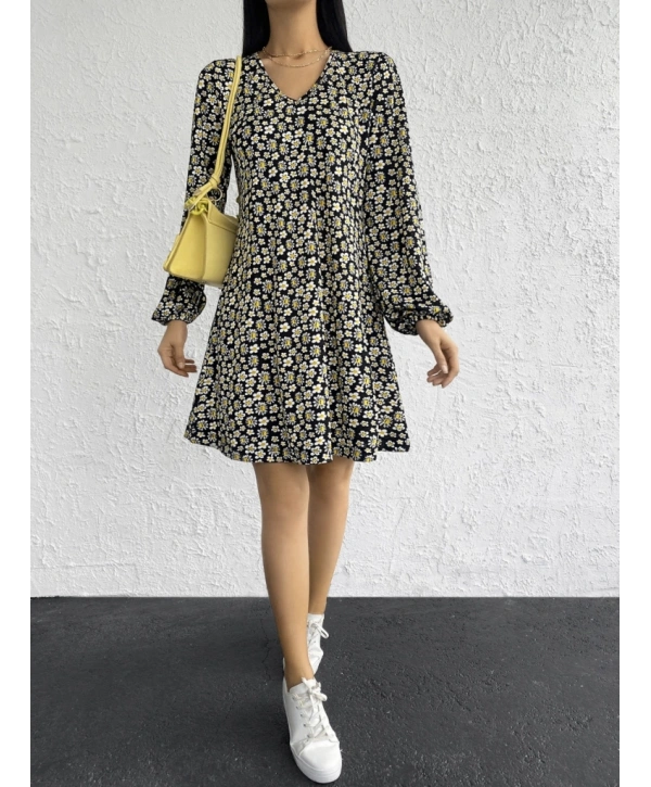 Kadın Uzun Kollu V Yaka çiçek Desenli Helen Kumaş Elbise