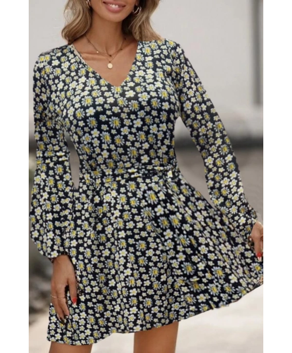 Kadın Uzun Kollu V Yaka çiçek Desenli Helen Kumaş Elbise