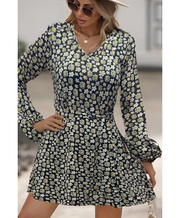 Kadın Uzun Kollu V Yaka çiçek Desenli Helen Kumaş Elbise