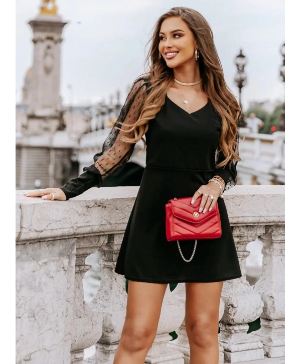 Kadın Uzun Kollu V Yaka Kollar Tül Detay Krep Elbise